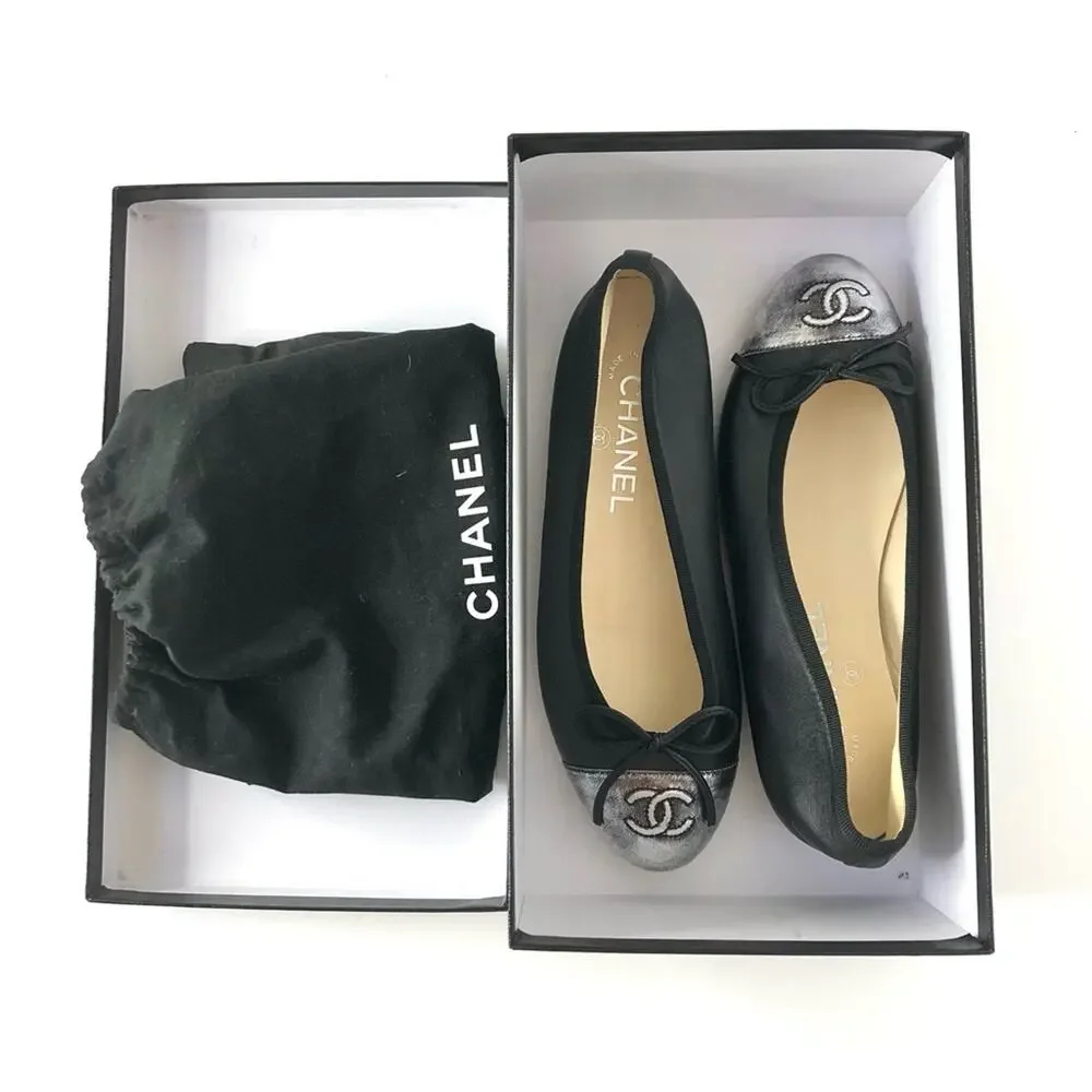 Chanel CC Logo Bow Detail Gunmetal Black Two Tone Leather Ballerina Flats 36